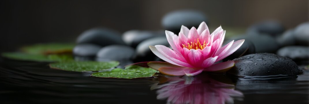 Pink flower is floating on top of a body of water