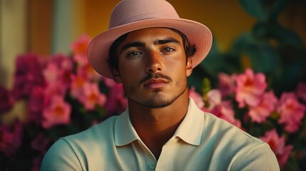 Stylish person in a pink hat and cream polo shirt standing with folded arms in front of vibrant pink flowers, warm golden light conveying calm confidence