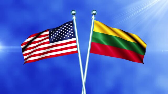 USA and Lithuania Flag Waving On Pole Loop