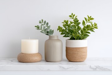 Fototapeta premium Three vases with candles and plants on a white shelf
