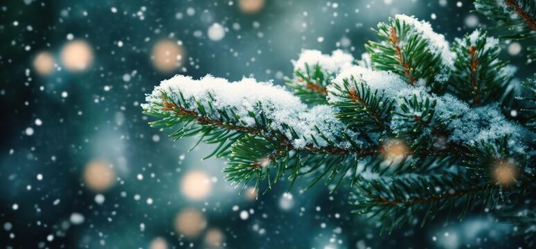 snow covered evergreen branch with falling snowflakes and soft glowing bokeh lights conveying a peaceful winter calm