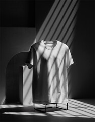 White blank t-shirt mockup on metal stand with dramatic window shadow on dark background