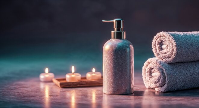 Spa Day Still Life: A tranquil spa scene featuring rolled towels, candles, and a stylish dispenser, embodying the essence of relaxation and self-care.