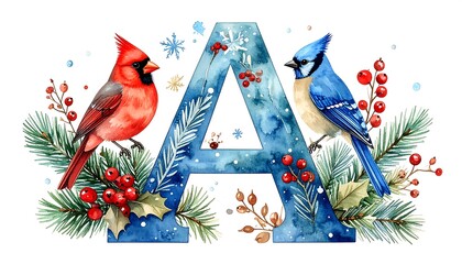 Watercolor illustration of a letter 'A' with wintery details a cardinal and a blue jay perched beside it