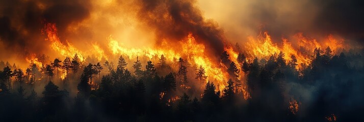 Raging wildfire devouring a dense pine forest with towering orange flames, thick black smoke and silhouetted trees, conveying intense destruction and devastation