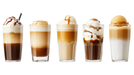 A visually appealing arrangement of five different types of coffee beverages. various layers. textures. and toppings. set against a neutral background. perfect for food and beverage marketing