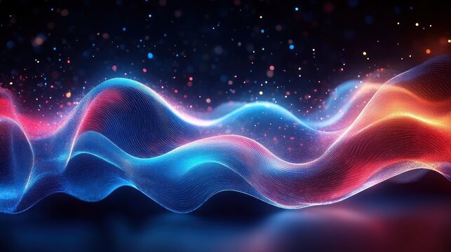 glowing blue and red flowing ribbons of light with sparkling particles against a dark background, calm and futuristic sense of motion and energy - Powered by Adobe