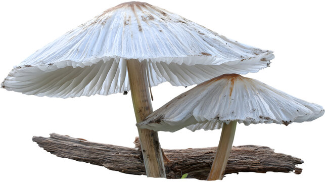 A lifted mushroom displays its delicate gill structure isolated on white