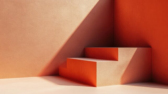 Minimal sunlit terracotta corner with three-step geometric podium casting diagonal shadow, calm warm minimalist interior - Powered by Adobe