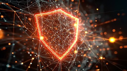 Abstract digital shield symbolizing cybersecurity in a network of glowing connections and data flow - Powered by Adobe