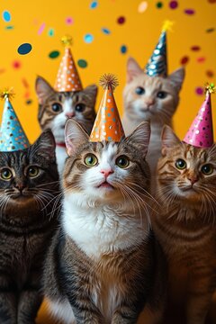 four curious cats wearing colorful party hats with confetti on a bright yellow background, playful and joyful celebration mood