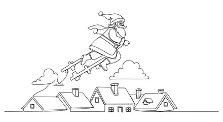 Line art drawing of Santa Claus flying over houses using skis for Christmas illustration concept