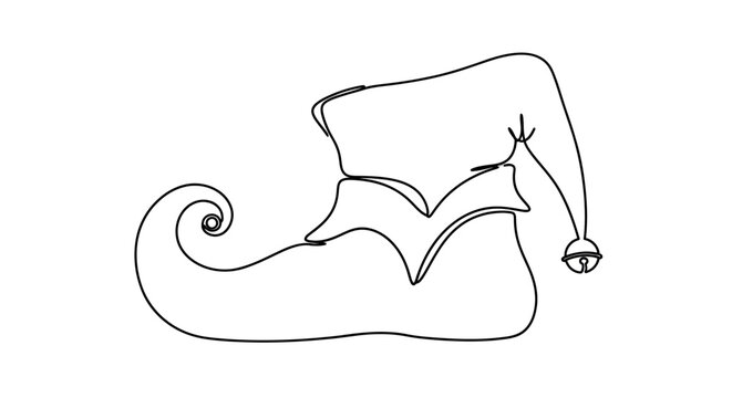 Continuous line drawing of an elf shoe with a bell creating a whimsical design