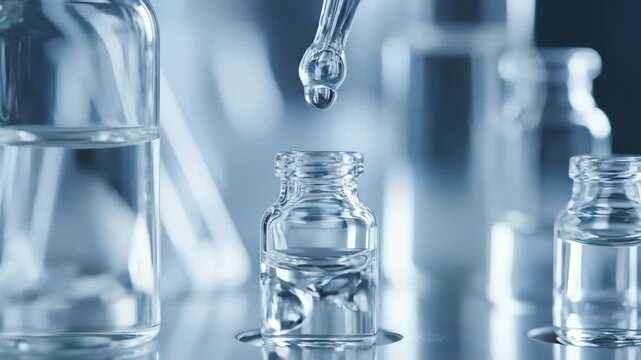 A close-up of a pipette dropping a clear liquid into a small glass vial in a science laboratory, a concept for research Animation 4k