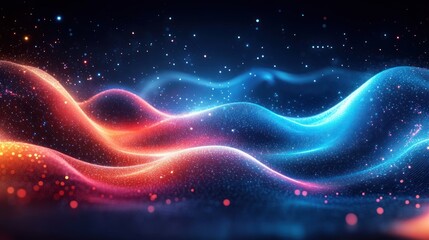 undulating glowing particle waves in red and blue with sparkling dots and a starry cosmic background, a dreamy futuristic digital landscape