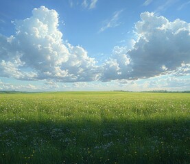 Expansive sunlit wildflower meadow beneath towering cumulus clouds and a bright blue sky with distant tree line evoking a peaceful tranquil mood