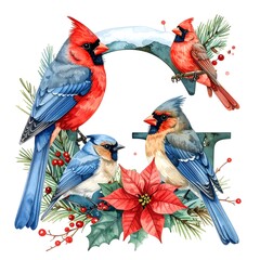 Watercolor illustration showcasing four colorful birds with red cardinals perched on a snowy arch and other birds with a poinsettia and greenery