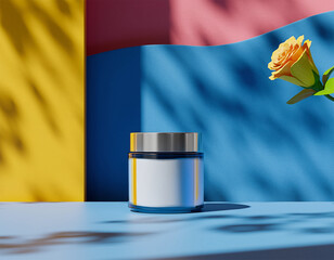 White cosmetic jar mockup with orange rose on colorful geometric background