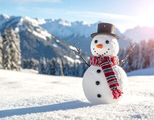 Whimsical snowman with top hat and scarf against a mountain backdrop