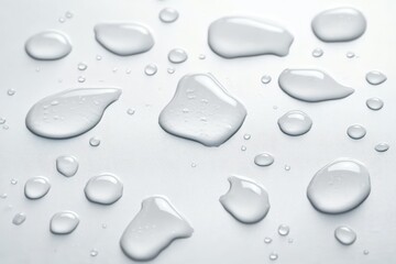 clear water droplets of varying sizes scattered on a smooth pale surface with reflective highlights, evoking freshness and calm