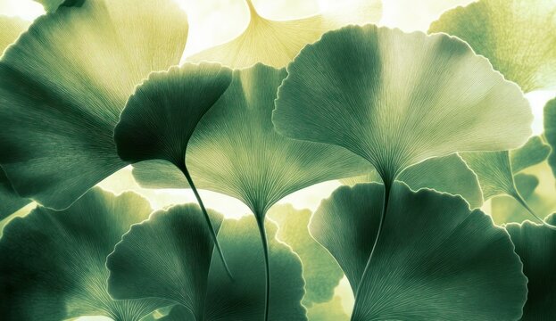 Layered fan-shaped green ginkgo leaves backlit by soft sunlight, delicate veins and slender stems creating a serene tranquil botanical close-up