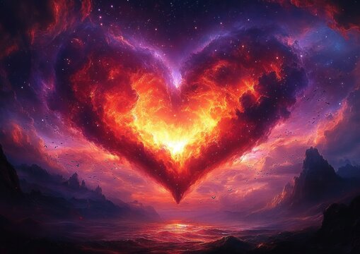 Giant fiery heart-shaped nebula blazing over a stormy ocean with rocky cliffs, silhouetted birds and a starry purple sky, evoking intense passion and awe