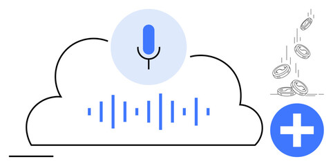 Microphone in a cloud, sound waves, coins falling, and a plus sign. Ideal for technology, finance, data sharing, innovation communication automation digital services. Simple flat metaphor