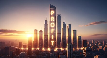 Dynamic digital visualization of 'PROFIT' illuminated by glowing data streams, analytical charts, and abstract technological elements, symbolizing financial success and market growth