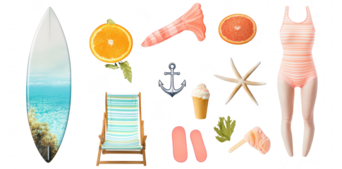 A summer beach scene featuring a surfboard. citrus fruits. a beach chair. and playful summer items. creating a fun and colorful atmosphere perfect for vacation and leisure activities