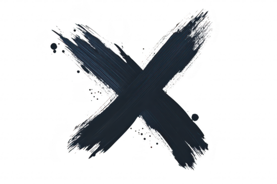 A bold black brushstroke forming an X shape on a pristine white background. symbolizing creativity and artistic expression. suitable for design projects or modern art concepts