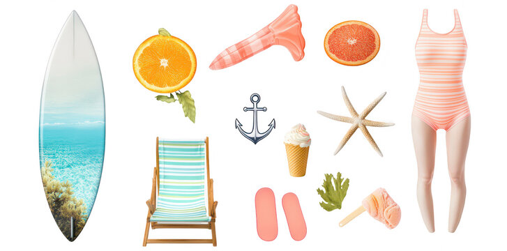 A summer beach scene featuring a surfboard. citrus fruits. a beach chair. and playful summer items. creating a fun and colorful atmosphere perfect for vacation and leisure activities