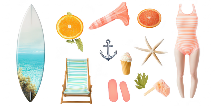 A summer beach scene featuring a surfboard. citrus fruits. a beach chair. and playful summer items. creating a fun and colorful atmosphere perfect for vacation and leisure activities