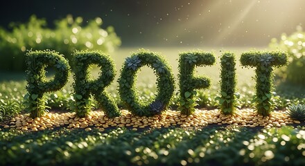 Green Profit The word 'PROFIT' in vibrant green foliage, symbolizing sustainable business and eco-friendly financial growth amidst nature's prosperity
