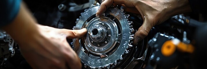 two hands carefully fitting a shiny metal gear into an oily engine assembly, focused industrious repair work