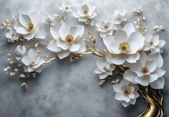 Elegant white magnolia blossoms and golden branches with detailed gold centers on a textured gray wall, serene and luxurious floral relief sculpture