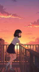 Fototapeta premium Contemplation Under Sunset's Embrace: A solitary figure, bathed in the soft hues of a sunset, leans upon a balcony rail, lost in thought against a vibrant sky.