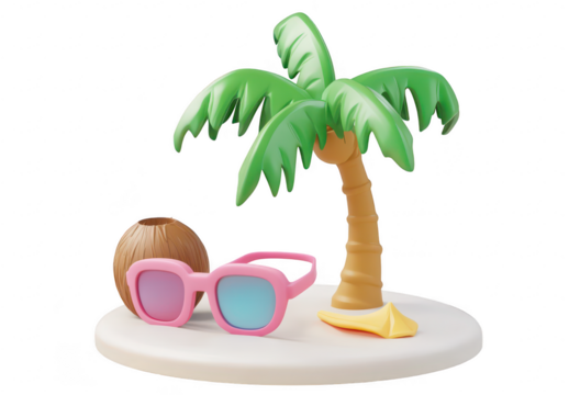A tropical scene featuring a playful palm tree. pink sunglasses. a coconut. and a slice of banana on a sandy base. evoking a fun summer vibe perfect for vacation-themed visuals