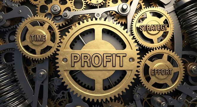 Golden gears representing a complex business mechanism where time, strategy, and effort interlock to drive profit and foster economic success