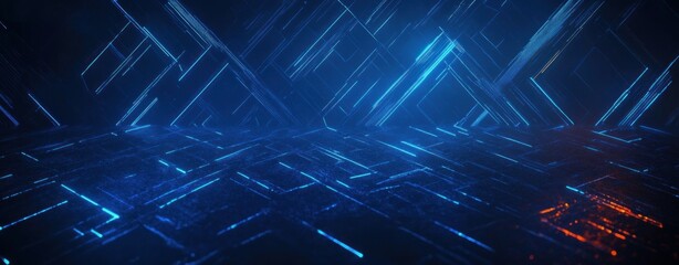 futuristic neon grid landscape of glowing blue circuitry and geometric panels with a warm orange spark, mysterious high-tech atmosphere