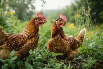 two brown hens with red combs standing in a green meadow among leafy plants and yellow wildflowers, calm and curious expressions in soft morning light