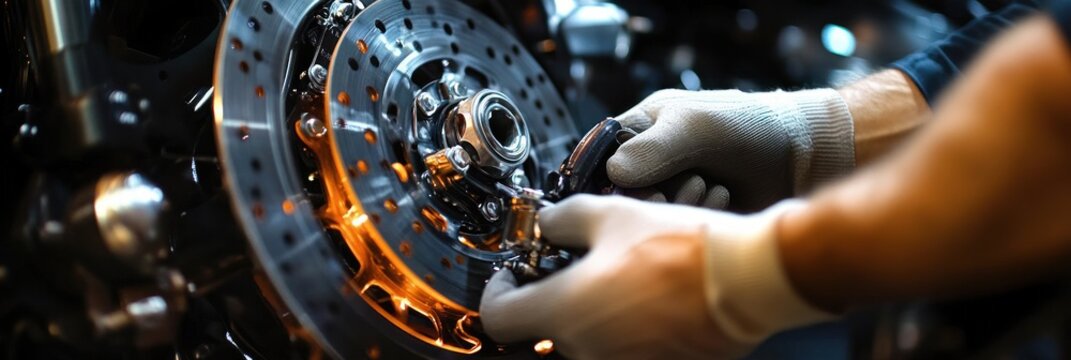 Gloved hands adjusting a shiny drilled motorcycle disc brake rotor and caliper in a workshop, meticulous focused maintenance and precision