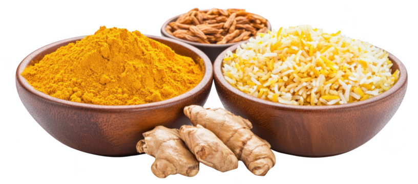 A display of spices and grains featuring turmeric powder. cooked rice. and ginger. arranged in wooden bowls. the richness of culinary ingredients for food photography