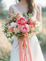 bride holding a cascading bouquet of pink peonies, peach roses and mixed greenery with long pink ribbons in soft natural light, romantic and delicate mood