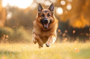 playful large dog leaping mid-air across a sunlit grassy field at golden hour, ears up and fur glowing in warm autumn light conveying energetic joy