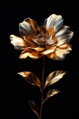single metallic gold and silver flower with detailed petals, stamens, stem and leaves on a deep black background, elegant luminous and dramatic