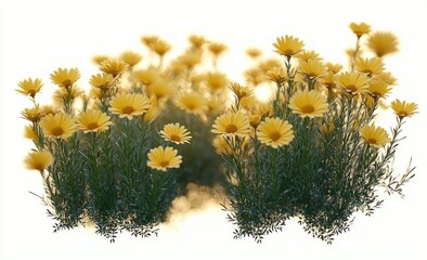Clusters of cheerful yellow daisy-like flowers with green foliage bathed in soft bright light, creating a peaceful uplifting atmosphere