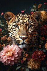 regal leopard portrait framed by lush blooming flowers and dark foliage, serene majestic expression with an intense calm gaze