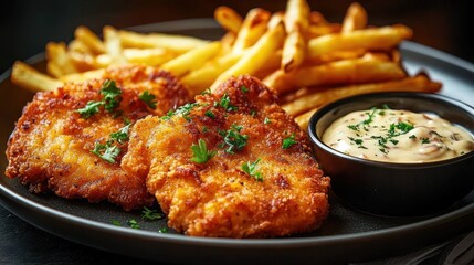 crispy golden breaded chicken cutlets with french fries and creamy dipping sauce on a dark plate, garnished with fresh parsley, comforting and appetizing