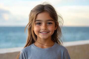 young girl standing by the sea in a gray t-shirt with windblown long hair and a calm, contemplative expression at golden hour