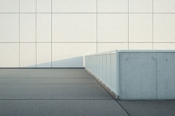 Minimal rooftop terrace with textured white tiled wall, concrete floor, pale blue glass railing and a long shadow conveying calm solitude